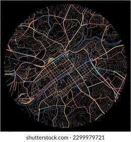 Map of Turku, Turku with all major and minor roads, railways and waterways. Colorful line art on black background.