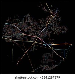 Map of Turmero with all major and minor roads, railways and waterways. Colorful line art on black background.