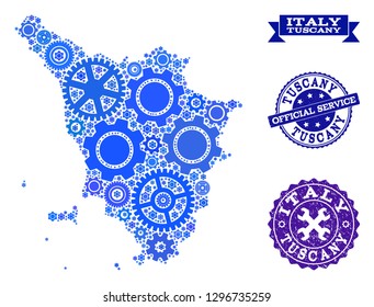 Map of Tuscany region composed with blue engine symbols, and isolated grunge stamps for official repair services. Vector abstract mosaic of map of Tuscany region with job symbols in blue color tones.