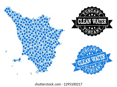 Map of Tuscany region vector mosaic and clean water grunge stamp. Map of Tuscany region composed with blue aqua dews. Seal with distress rubber texture for pure drinking water.