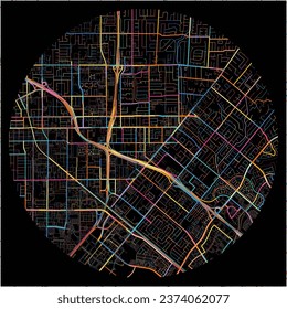 Map of Tustin, California with all major and minor roads, railways and waterways. Colorful line art on black background.