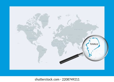 Map of Tuvalu on political world map with magnifying glass