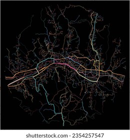 Map of Tuzla, Tuzla Canton with all major and minor roads, railways and waterways. Colorful line art on black background.