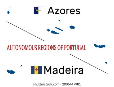 Map of the two autonomous regions of Portugal - Azores and Madeira. Outline maps and flags of Azores and Madeira, isolated on white background. Vector illustration