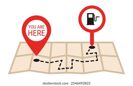 Un mapa con dos pines de ubicación que indican la posición actual y la ubicación de una gasolinera. Una Ilustración vectorial que representa la navegación o las direcciones a una gasolinera