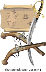 Map, two Pistols, and pirate Sword