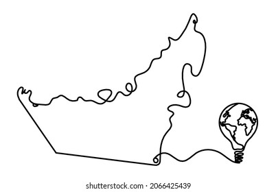 Map of UAE with globe lightbulb as line drawing on white background. Vector