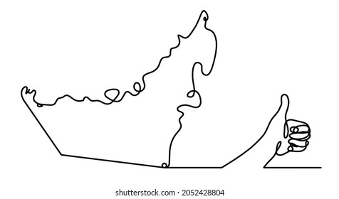 Mapa de Emiratos Árabes Unidos con la mano "ok" como dibujo de línea sobre fondo blanco. Vector