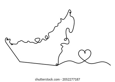 Mapa de Emiratos Árabes Unidos con el corazón como dibujo de líneas sobre fondo blanco. Vector