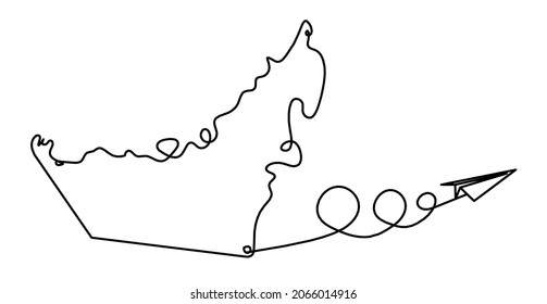 Map of UAE with paper plane as line drawing on white background. Vector