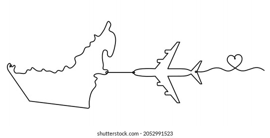 Map of UAE with plane as line drawing on white background. Vector
