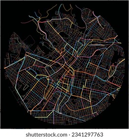 Map of Uberaba with all major and minor roads, railways and waterways. Colorful line art on black background.