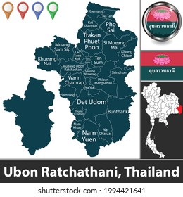 Map of Ubon Ratchathani province with districts and location on Thai map. Vector image