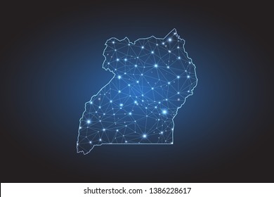 Map of Uganda - Abstract mash line and point scales on circuit dark background. Wire frame 3D mesh polygonal network line, design sphere, dot and structure. Vector illustration eps 10.
