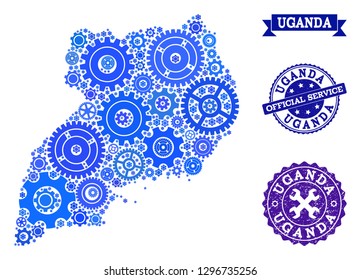 Map of Uganda created with blue cog symbols, and isolated grunge watermarks for official repair services. Vector abstract collage of map of Uganda with repair symbols in blue color tones.
