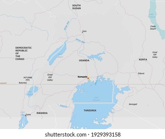 Mapa de Uganda. El mapa se dibuja con gran detalle y para mayor claridad sólo se muestran las principales ciudades. El país se dibuja con los países vecinos.