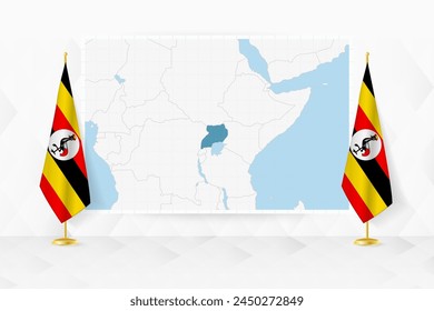 Map of Uganda and flags of Uganda on flag stand. Vector illustration for diplomacy meeting.