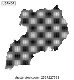 A map of Uganda illustrated with a dotted pattern, showcasing the geographical outline and distinctive shape of the country.