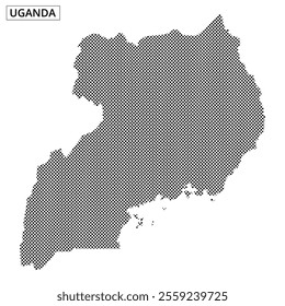 A map of Uganda illustrated with a dotted pattern, showcasing the geographical outline and distinctive shape of the country.