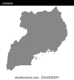 A map of Uganda illustrated with a dotted pattern, showcasing the geographical outline and distinctive shape of the country.