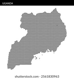 A map of Uganda illustrated with a dotted pattern, showcasing the geographical outline and distinctive shape of the country.