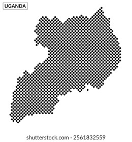 A map of Uganda illustrated with a dotted pattern, showcasing the geographical outline and distinctive shape of the country.