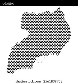 A map of Uganda illustrated with a dotted pattern, showcasing the geographical outline and distinctive shape of the country.