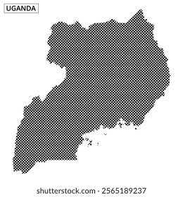 A map of Uganda illustrated with a dotted pattern, showcasing the geographical outline and distinctive shape of the country.