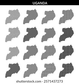 A map of Uganda illustrated with a dotted pattern, showcasing the geographical outline and distinctive shape of the country.