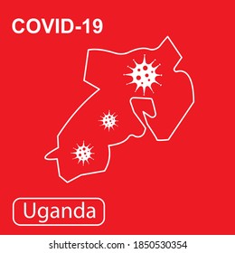 Mapa de Uganda con la etiqueta "COVID-19". Mapa de esquema blanco sobre un fondo rojo. Ilustración vectorial de un virus, coronavirus, epidemiología.