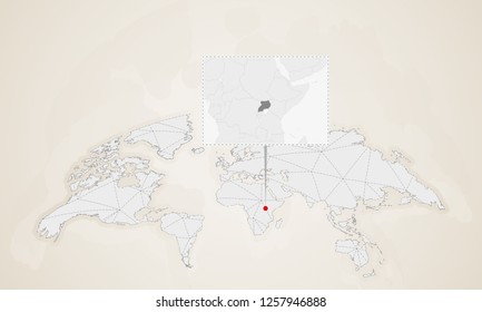 Map of Uganda with neighbor countries pinned on world map. Abstract triangles World Map.