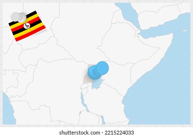 Mapa de Uganda con un pin azul. Bandera enclavada de Uganda, ilustración vectorial.