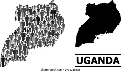 Map of Uganda for political projects. Vector demographics mosaic. Mosaic map of Uganda organized of man items. Demographic scheme in dark gray color tinges.
