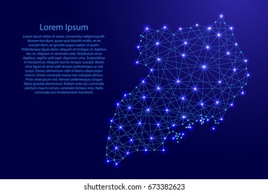 Map of Uganda from polygonal blue lines and glowing stars vector illustration