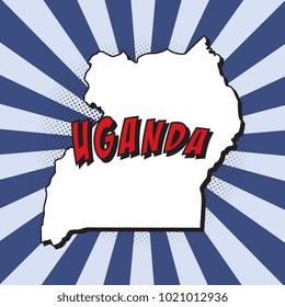 map of uganda in pop art style with country name, halftone dotted shadows and radial lines