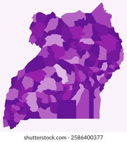 Map of Uganda with regions. Just a simple country border map with region division. Purple color palette. Flat Uganda shape with administrative division. Vector illustration.