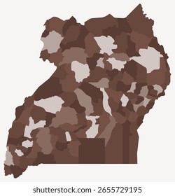 Mapa de Uganda con regiones. Solo un simple mapa de la frontera del país con la división de la región. Paleta de color marrón. Forma plana de Uganda con división administrativa. Ilustración vectorial.