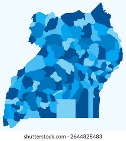 Map of Uganda with regions. A simple country border map with regional divisions. Light blue color palette. Plain Uganda shape with administrative division. Vector illustration.