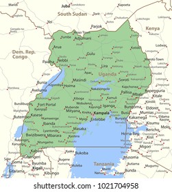 Map of Uganda. Shows country borders, urban areas, place names and roads. Labels in English where possible.Projection: Mercator.