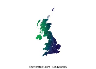 Map Of Uk Counties With Abstract Mash Line And Point Scales On Dark Background . Wire Frame 3D Mesh Polygonal Network Line, Design Polygon Sphere, Dot And Structure. Vector Illustration Eps 10.