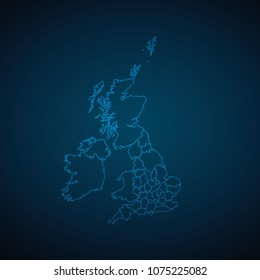 Map Uk Counties-Abstract High Detailed Glow Map on Dark Background for design app, ui,Travel. Vector eps 10.