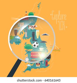 Map of UK, Great Britain, United Kingdom vector illustration, design element. Icons with British landmarks, travel places of interests. Explore Britain concept image with magnifier