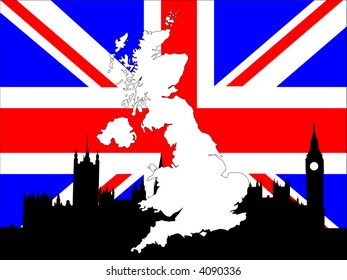 map of UK on British flag with Houses of parliament background