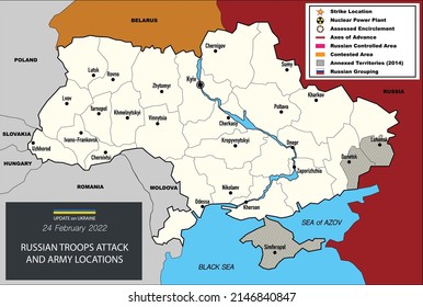 Map of Ukraine in 2022 in war with Russia. Different elements to show attaks and defence. Territory battles with cities and troops locations