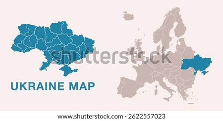 Map of Ukraine with administrative divisions and highlighted position on Europe map. Isolated on white background. Vector illustration.