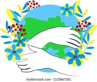Map of Ukraine in the arms. Floral and berries in Ukrainian flag colors. Vector