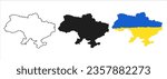 Map of Ukraine. Blank Black Silhouette, black thin line version and color of country flag version. Isolated