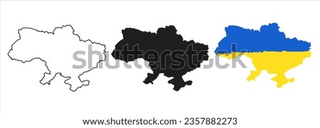 Map of Ukraine. Blank Black Silhouette, black thin line version and color of country flag version. Isolated