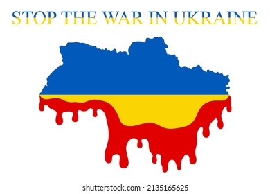 Karte die Ukraine mit Blut, stoppe den Krieg. Bete für die Ukraine! Ukrainische Karte mit nationaler Flagge