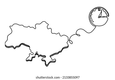 Map of Ukraine with clock as line drawing on white background. Vector